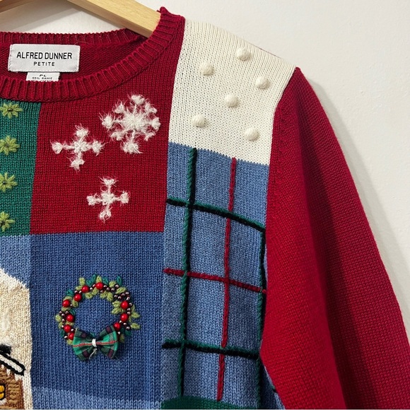 Vintage Women’s Ugly Christmas Knit Sweater Petite Large Patchwork Embellished - Picture 2 of 12